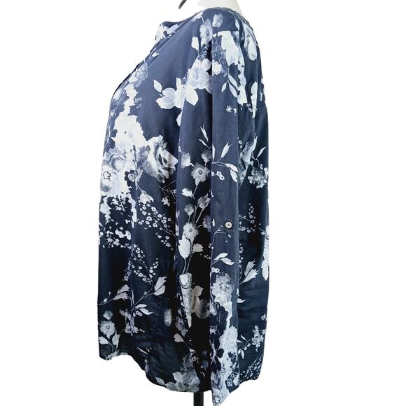 Soft Surroundings SZ 1X 100% Cotton Gray Floral 1/2 Button Front Tab Sleeve Top - Picture 6 of 8